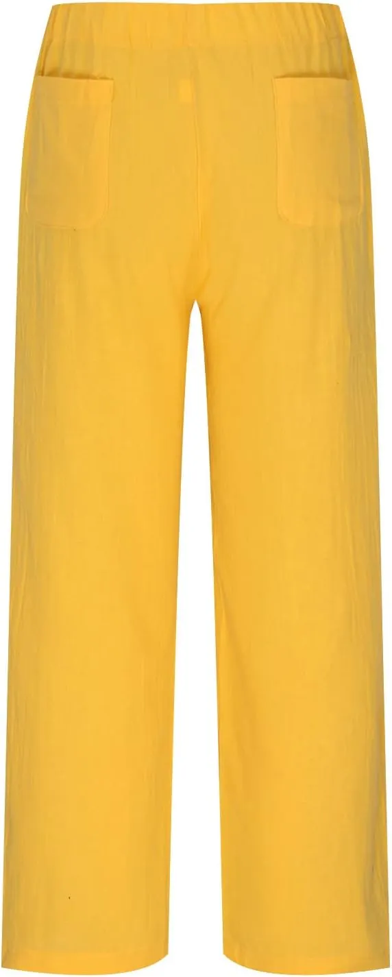 Casual High Waist Pants for Women, Cotton Linen Elastic Waist Palazzo Trousers Flowy Loose Wide Leg Slacks Plus Size