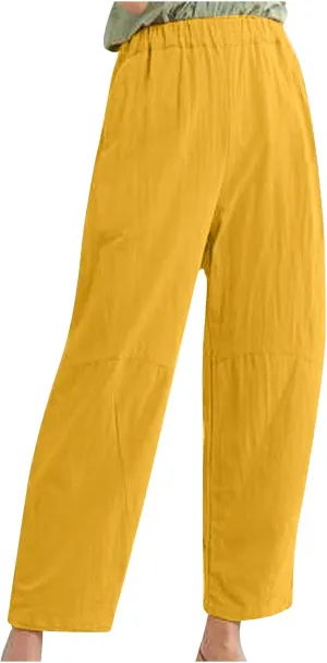 Casual High Waist Pants for Women, Cotton Linen Elastic Waist Palazzo Trousers Flowy Loose Wide Leg Slacks Plus Size