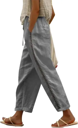Casual Summer Pants for Women 2025 High Waist Elastic Straight Leg Pant Drawstring Cut-Out Beach Trousers