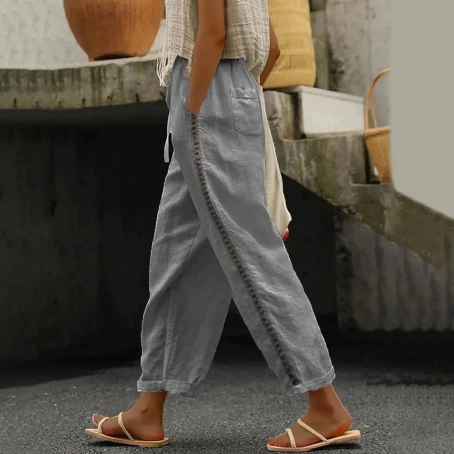 Casual Summer Pants for Women 2025 High Waist Elastic Straight Leg Pant Drawstring Cut-Out Beach Trousers