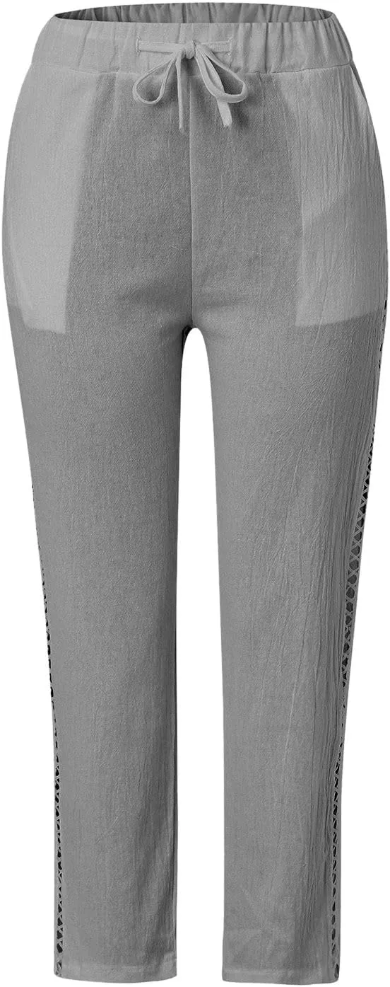 Casual Summer Pants for Women 2025 High Waist Elastic Straight Leg Pant Drawstring Cut-Out Beach Trousers