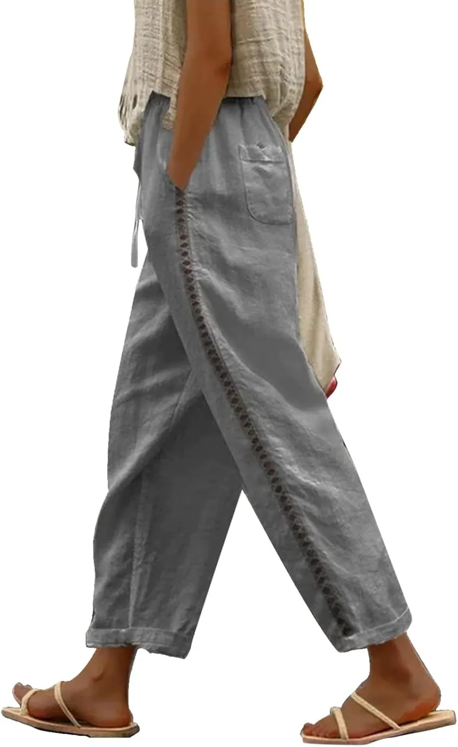Casual Summer Pants for Women 2025 High Waist Elastic Straight Leg Pant Drawstring Cut-Out Beach Trousers