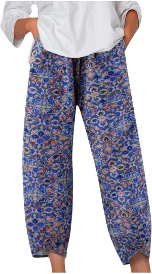 Ceboyel Women Hawaii Linen Capris Pants Wide Leg Relax Fit Palazzo Pants Summer Casual Sweatpants Trousers Boho Outfits