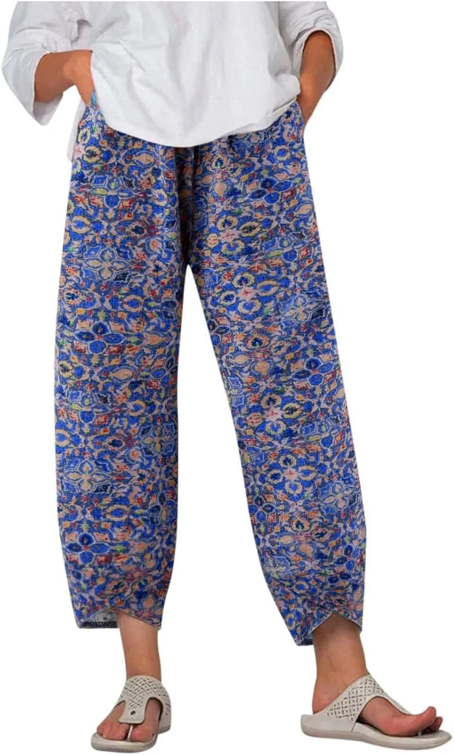 Ceboyel Women Hawaii Linen Capris Pants Wide Leg Relax Fit Palazzo Pants Summer Casual Sweatpants Trousers Boho Outfits