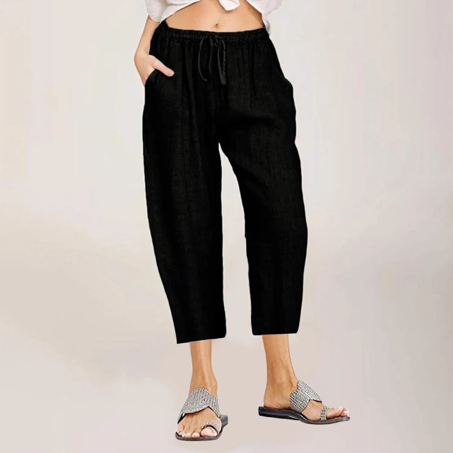 Ceboyel Women Summer Causal Linen Pants Drawstring Wide Leg Trousers Ankle Length Beach Pants Straight Leg Cropped Pants