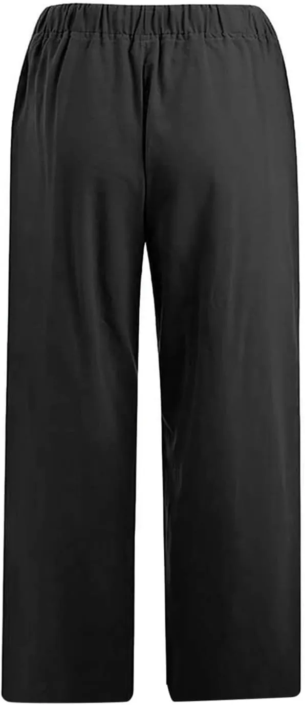 Ceboyel Women Summer Causal Linen Pants Drawstring Wide Leg Trousers Ankle Length Beach Pants Straight Leg Cropped Pants