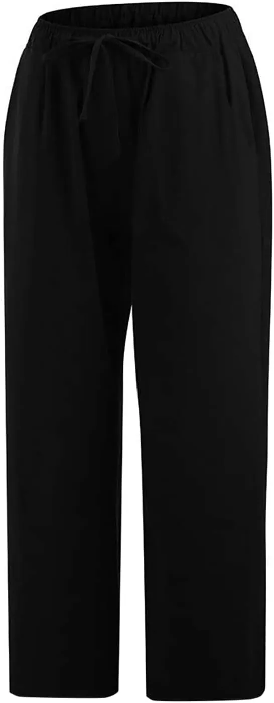Ceboyel Women Summer Causal Linen Pants Drawstring Wide Leg Trousers Ankle Length Beach Pants Straight Leg Cropped Pants