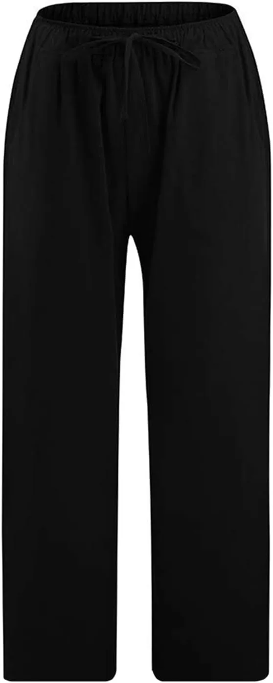 Ceboyel Women Summer Causal Linen Pants Drawstring Wide Leg Trousers Ankle Length Beach Pants Straight Leg Cropped Pants