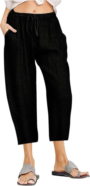 Ceboyel Women Summer Causal Linen Pants Drawstring Wide Leg Trousers Ankle Length Beach Pants Straight Leg Cropped Pants