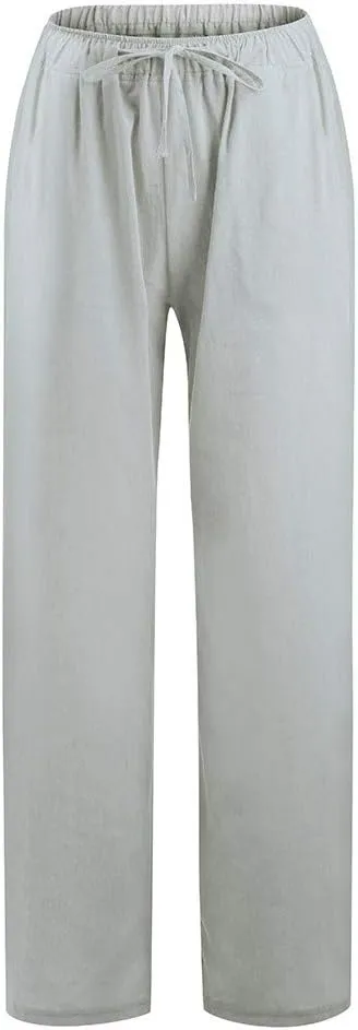Ceboyel Women's Boho Wide Leg Pants Drawstring Straight Casual Trousers Cotton Linen Palazzo Pants Summer Beach Outfits 2023