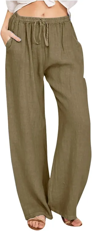 Ceboyel Womens Wide Leg Palazzo Pants Drawstring Cotton Linen Pants Elastic High Waist Lounge Trousers Boho Summer Outfits