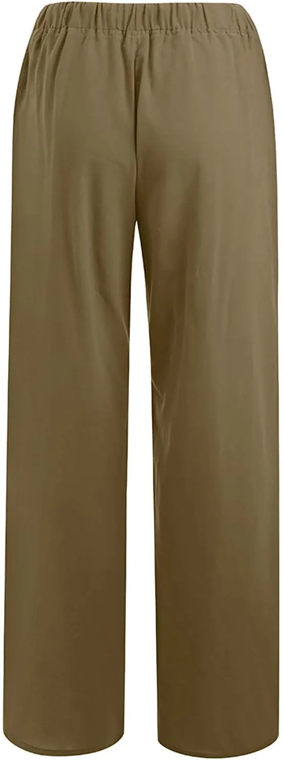 Ceboyel Womens Wide Leg Palazzo Pants Drawstring Cotton Linen Pants Elastic High Waist Lounge Trousers Boho Summer Outfits