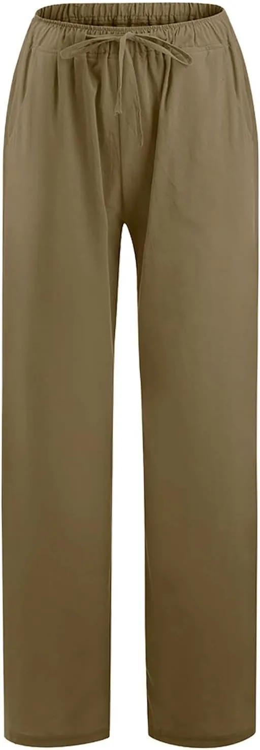 Ceboyel Womens Wide Leg Palazzo Pants Drawstring Cotton Linen Pants Elastic High Waist Lounge Trousers Boho Summer Outfits