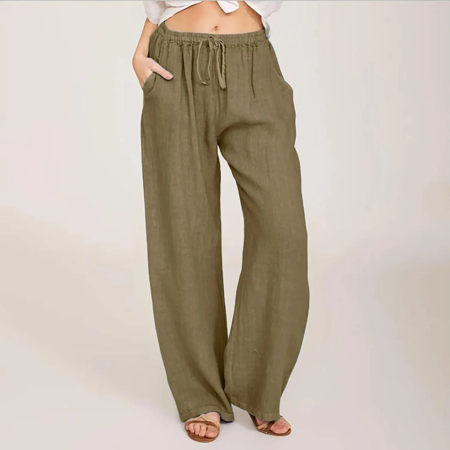 Ceboyel Womens Wide Leg Palazzo Pants Drawstring Cotton Linen Pants Elastic High Waist Lounge Trousers Boho Summer Outfits