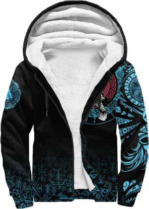 Celtic Knot 3D Print Nordic Clothing Outerwear, Viking Ravens Mens Winter Warm Outdoor Hoodies, Medieval Hammer Jacket