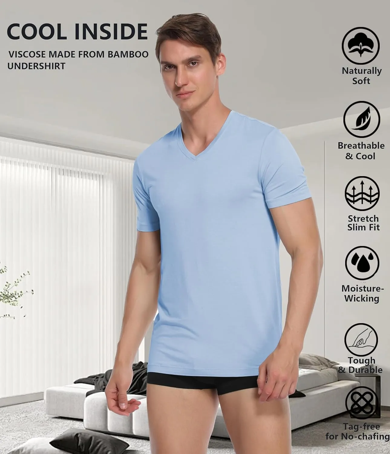CF Men's Undershirts Bamboo Rayon Shirts for Men Moisture Wicking T-Shirt Classic V Neck Cooling Tee Shirts 3/5 Pack