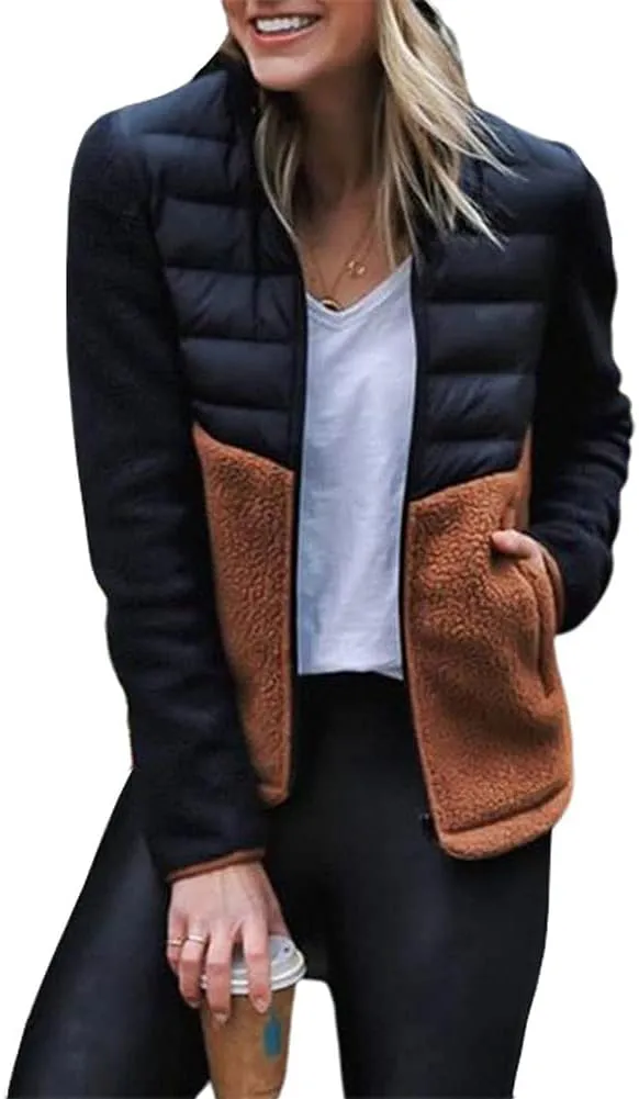 chouyatou Women's Lightweight Cotton Padded Fuzzy Sherpa Spliced Winter Jacket Coat