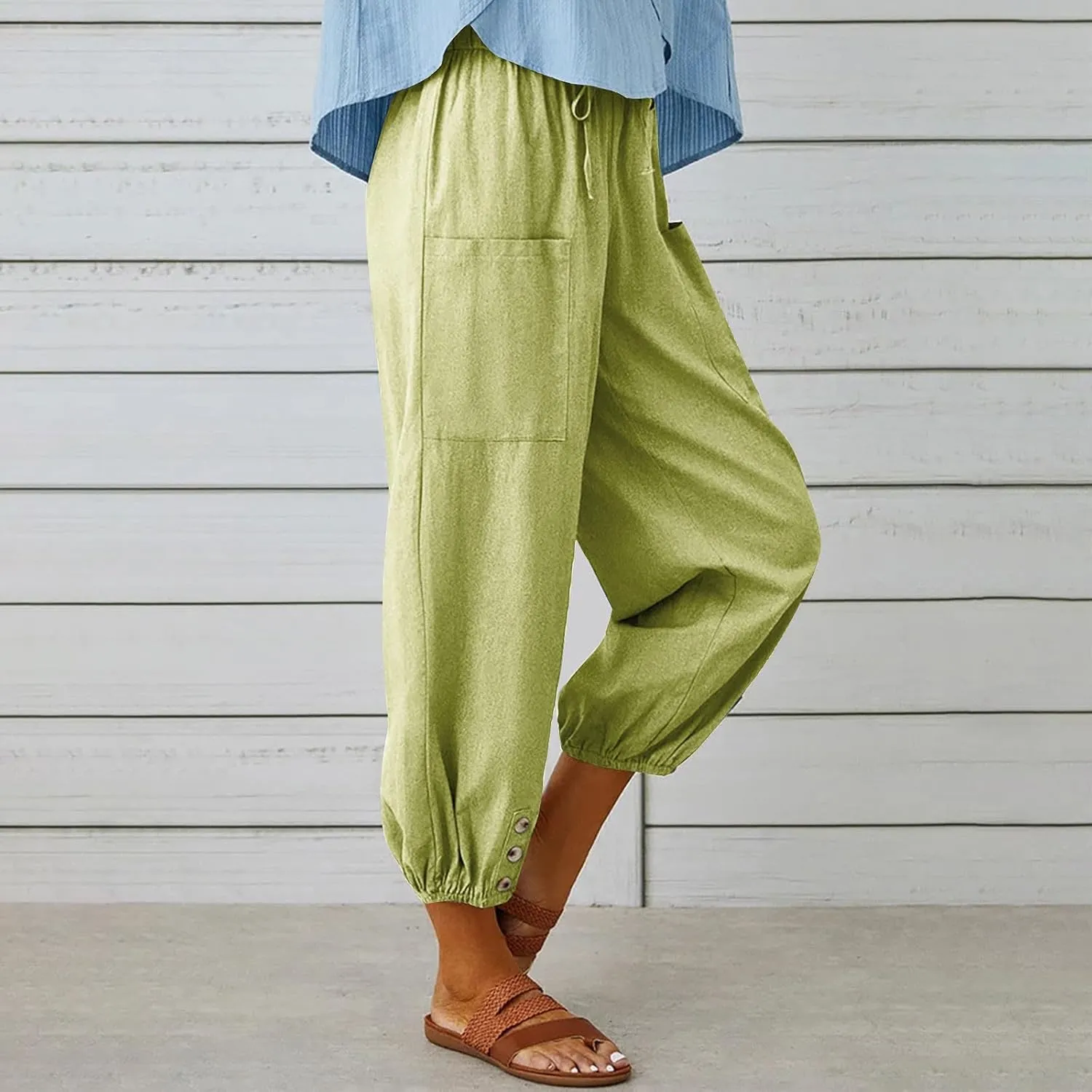 Cinch Bottom Cotton Linen Pants Women Summer Casual Beach Vacation Trousers Solid High Waist Drawstring Lounge Pant