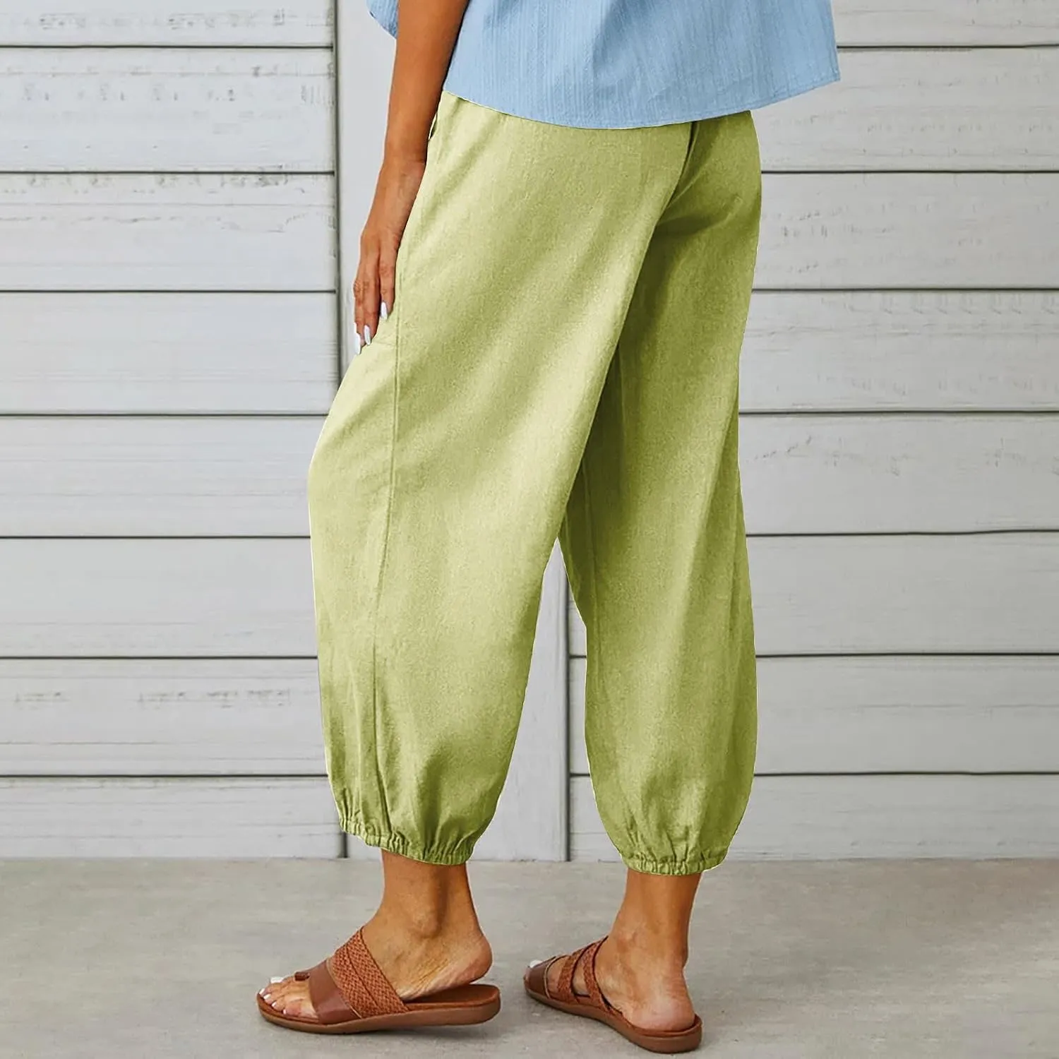 Cinch Bottom Cotton Linen Pants Women Summer Casual Beach Vacation Trousers Solid High Waist Drawstring Lounge Pant