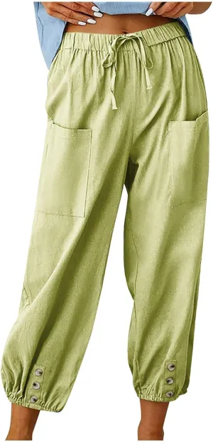 Cinch Bottom Cotton Linen Pants Women Summer Casual Beach Vacation Trousers Solid High Waist Drawstring Lounge Pant
