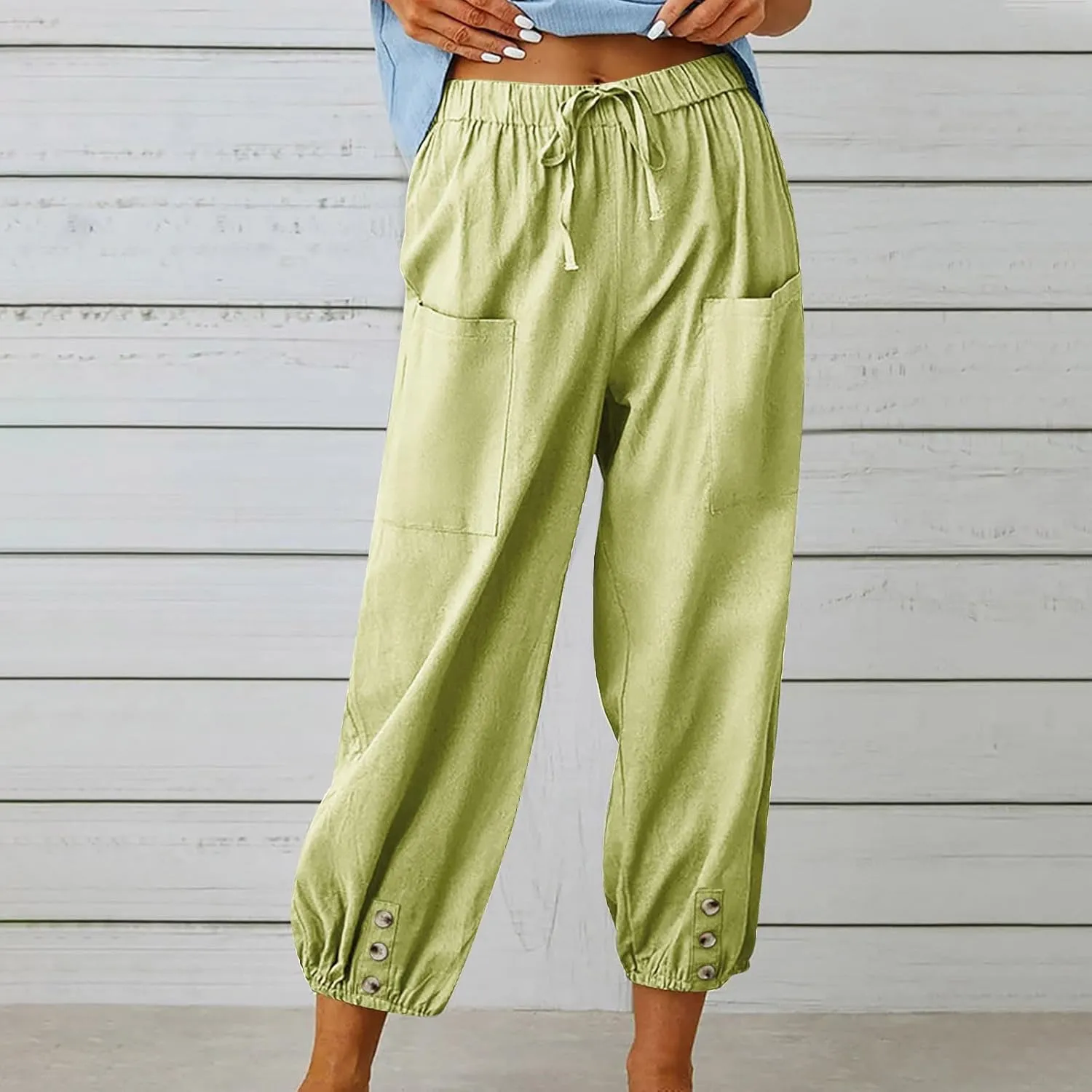 Cinch Bottom Cotton Linen Pants Women Summer Casual Beach Vacation Trousers Solid High Waist Drawstring Lounge Pant