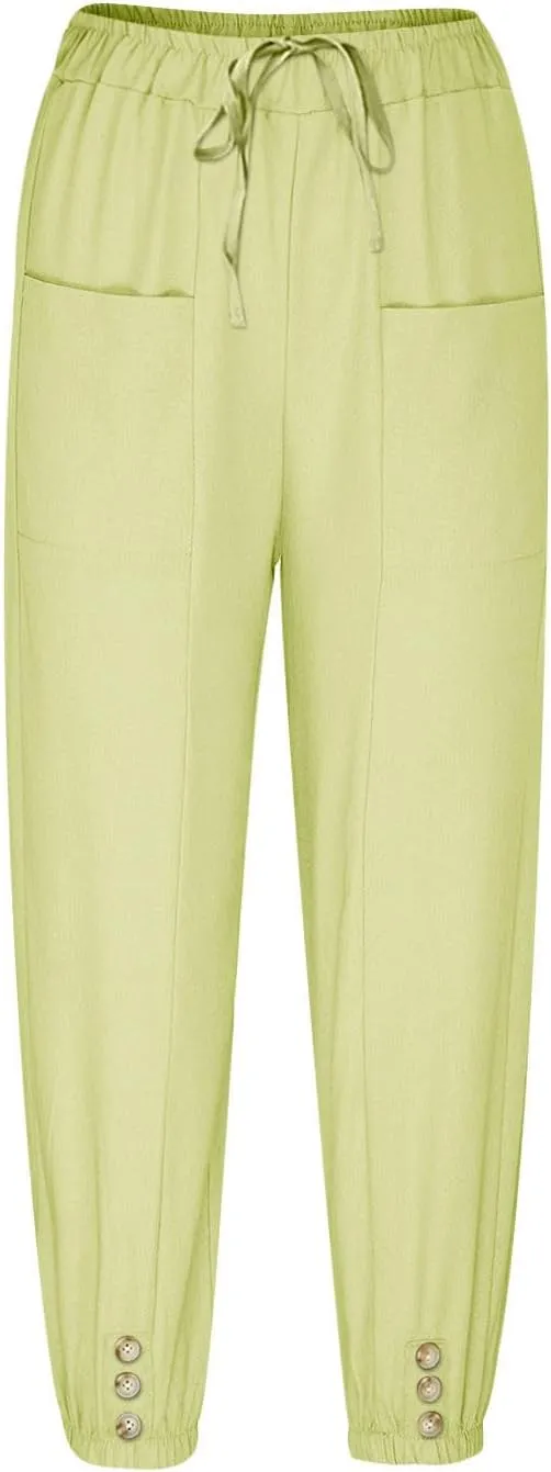 Cinch Bottom Cotton Linen Pants Women Summer Casual Beach Vacation Trousers Solid High Waist Drawstring Lounge Pant