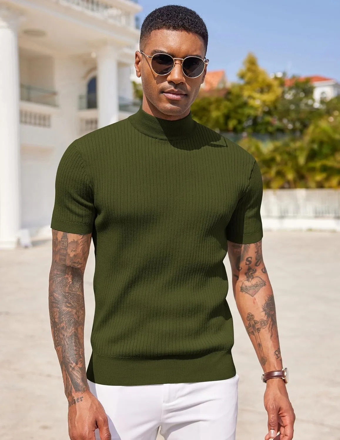 COOFANDY Men's Mock Turtleneck Sweater Short Sleeve Casual Basic Tops Ribbed Knit Pullover Solid Tee
