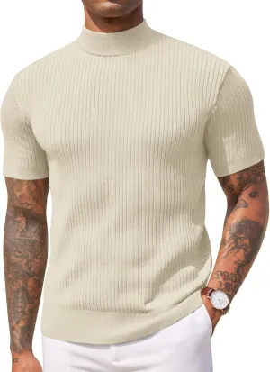 COOFANDY Men's Mock Turtleneck Sweater Short Sleeve Casual Basic Tops Ribbed Knit Pullover Solid Tee