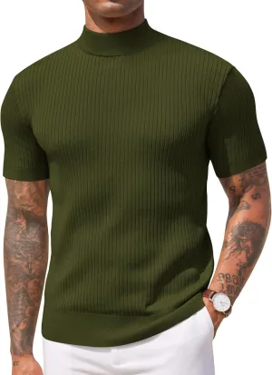 COOFANDY Men's Mock Turtleneck Sweater Short Sleeve Casual Basic Tops Ribbed Knit Pullover Solid Tee