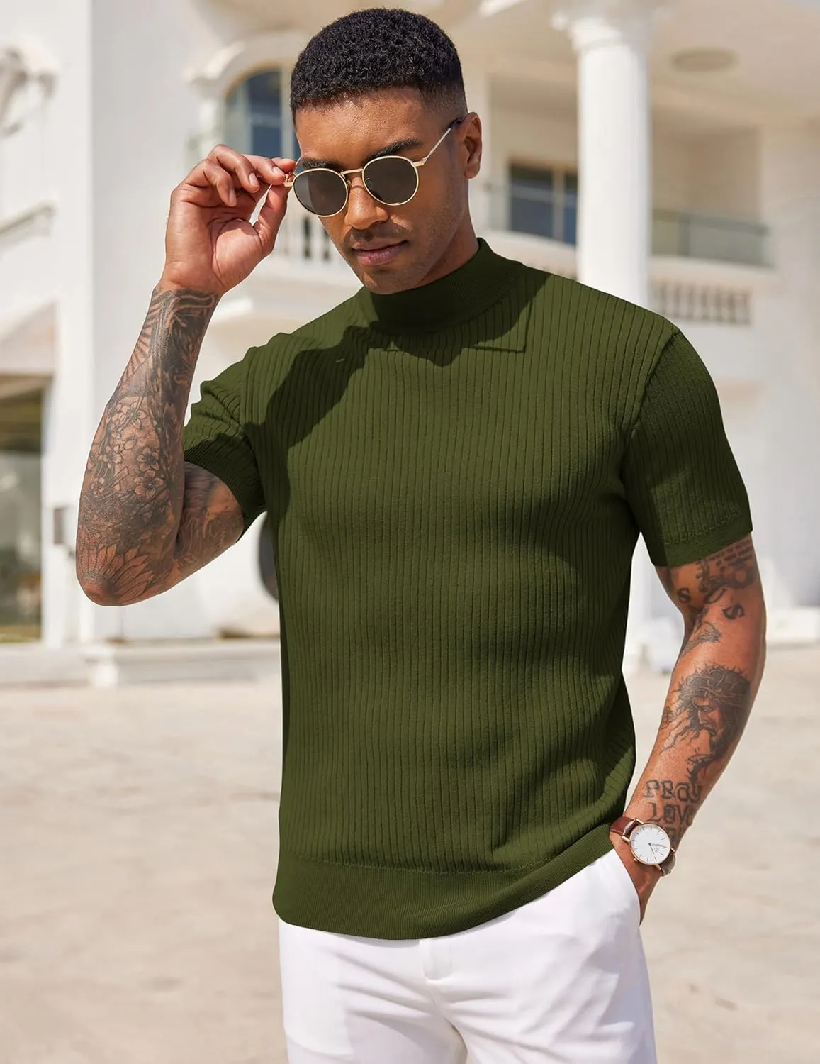 COOFANDY Men's Mock Turtleneck Sweater Short Sleeve Casual Basic Tops Ribbed Knit Pullover Solid Tee