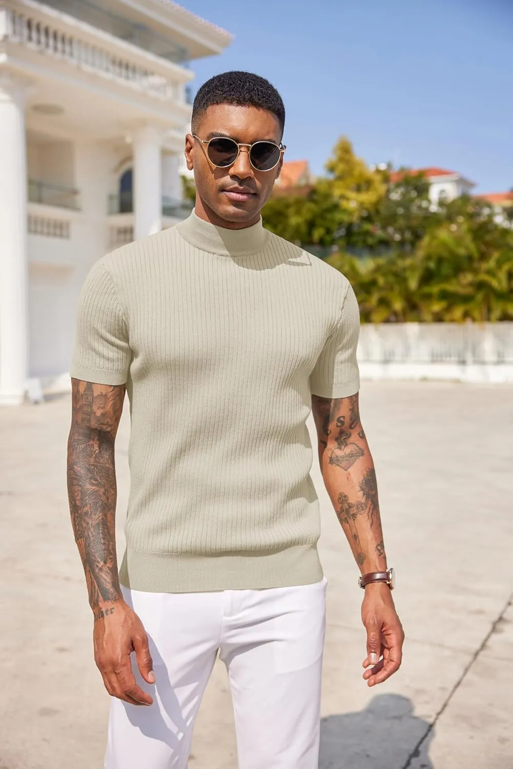 COOFANDY Men's Mock Turtleneck Sweater Short Sleeve Casual Basic Tops Ribbed Knit Pullover Solid Tee