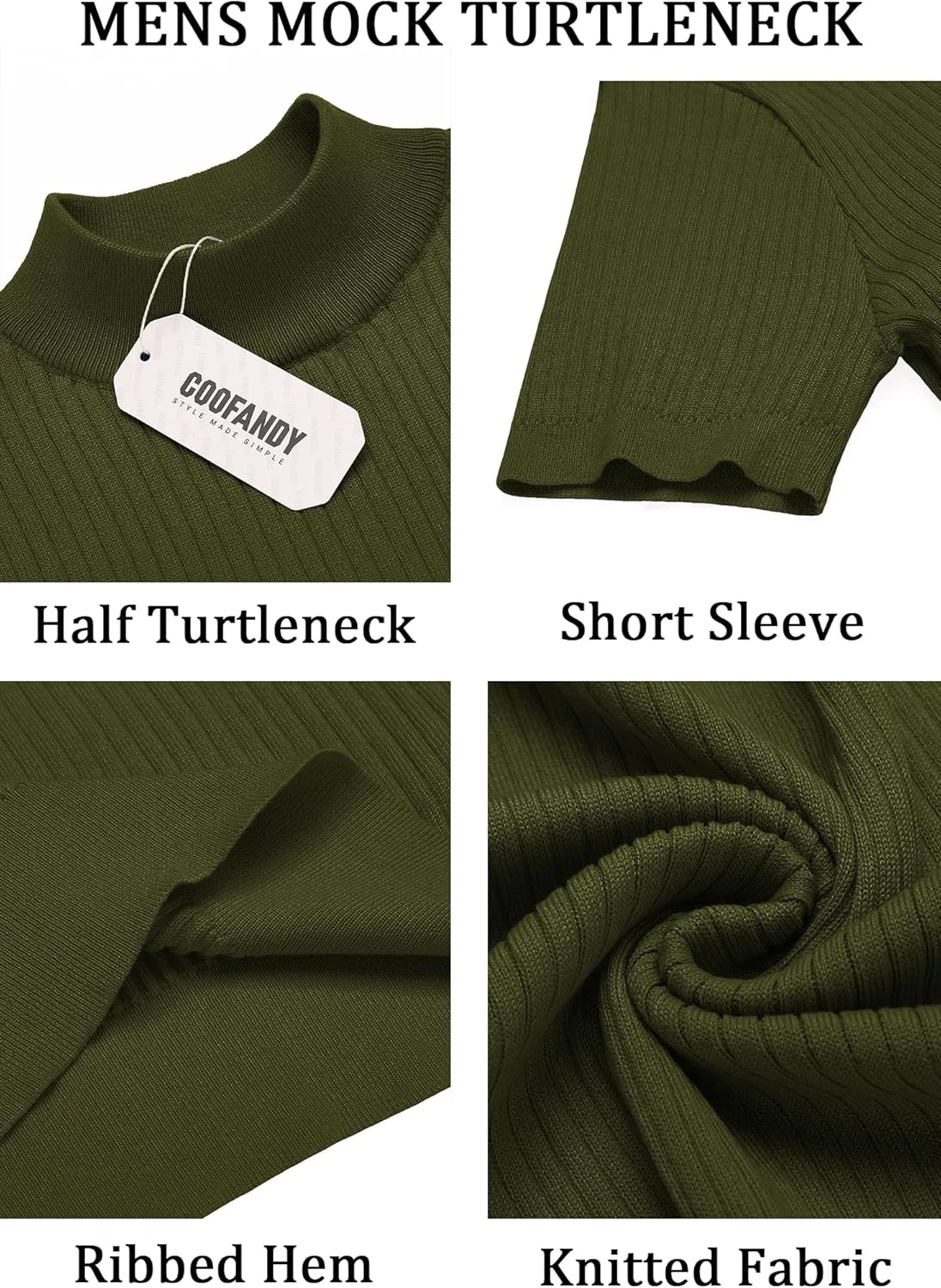 COOFANDY Men's Mock Turtleneck Sweater Short Sleeve Casual Basic Tops Ribbed Knit Pullover Solid Tee