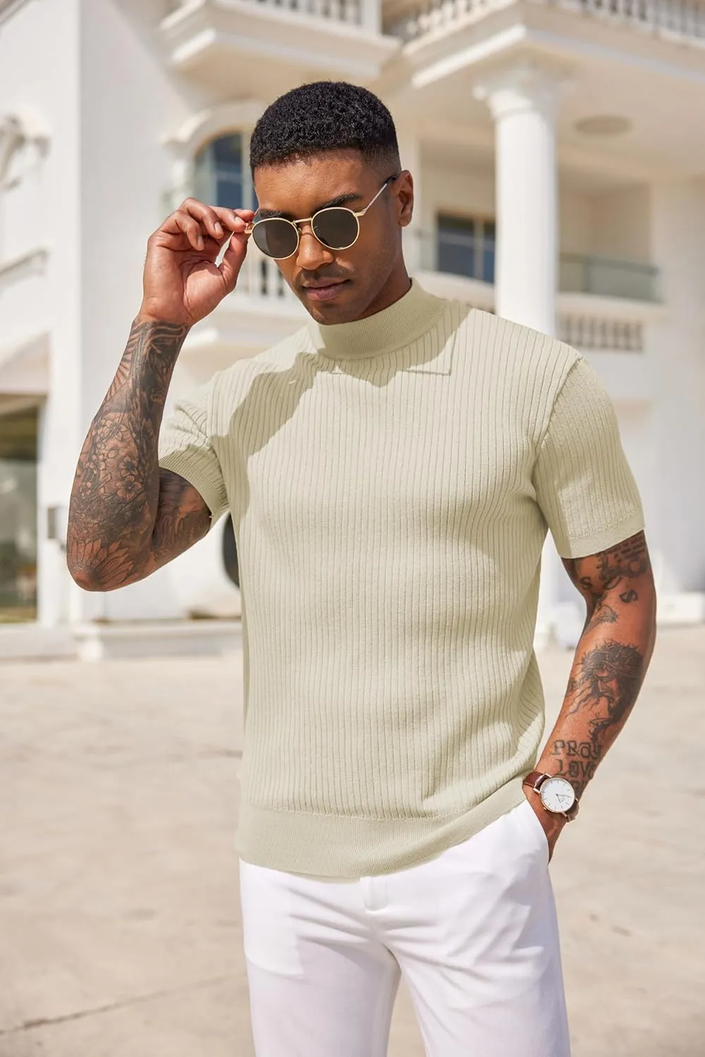 COOFANDY Men's Mock Turtleneck Sweater Short Sleeve Casual Basic Tops Ribbed Knit Pullover Solid Tee