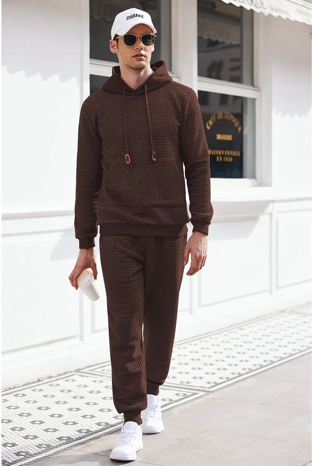 COOFANDY Men's Tracksuit 2 Piece Hoodie Sweatsuit Sets Casual Athletic Jogging Suits Waffle Plaid Jacquard Outfits