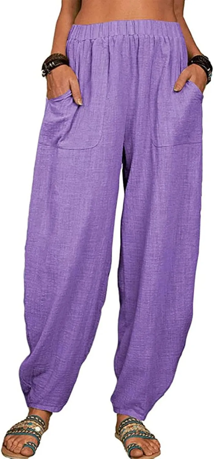 Cotton and Linen Baggy Pants for Women Dressy Casual Summer Casual Loose Comfy Solid Long Pant Trousers with Pockets