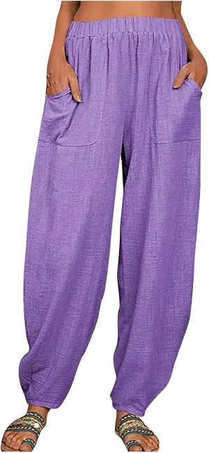 Cotton and Linen Baggy Pants for Women Dressy Casual Summer Casual Loose Comfy Solid Long Pant Trousers with Pockets