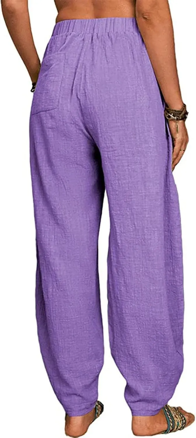 Cotton and Linen Baggy Pants for Women Dressy Casual Summer Casual Loose Comfy Solid Long Pant Trousers with Pockets