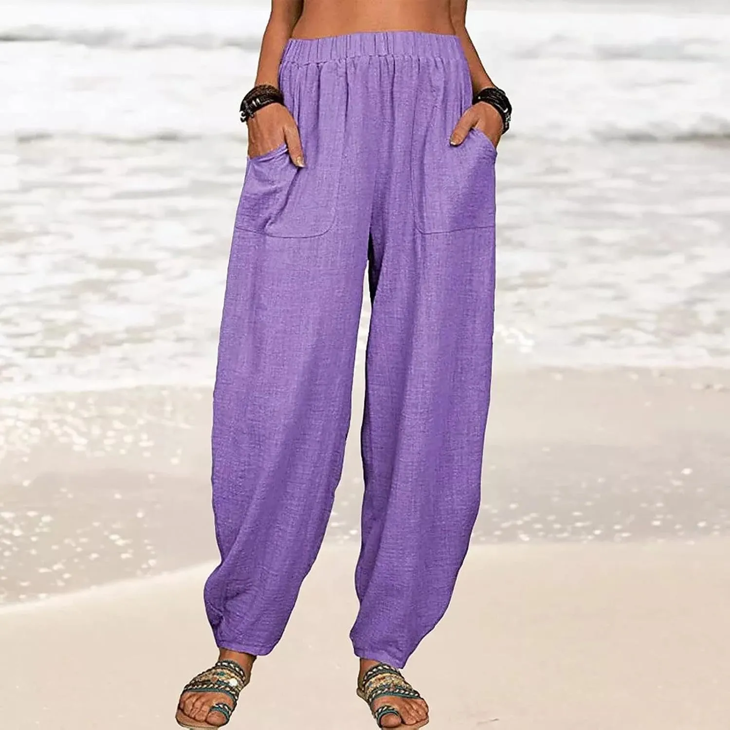 Cotton and Linen Baggy Pants for Women Dressy Casual Summer Casual Loose Comfy Solid Long Pant Trousers with Pockets