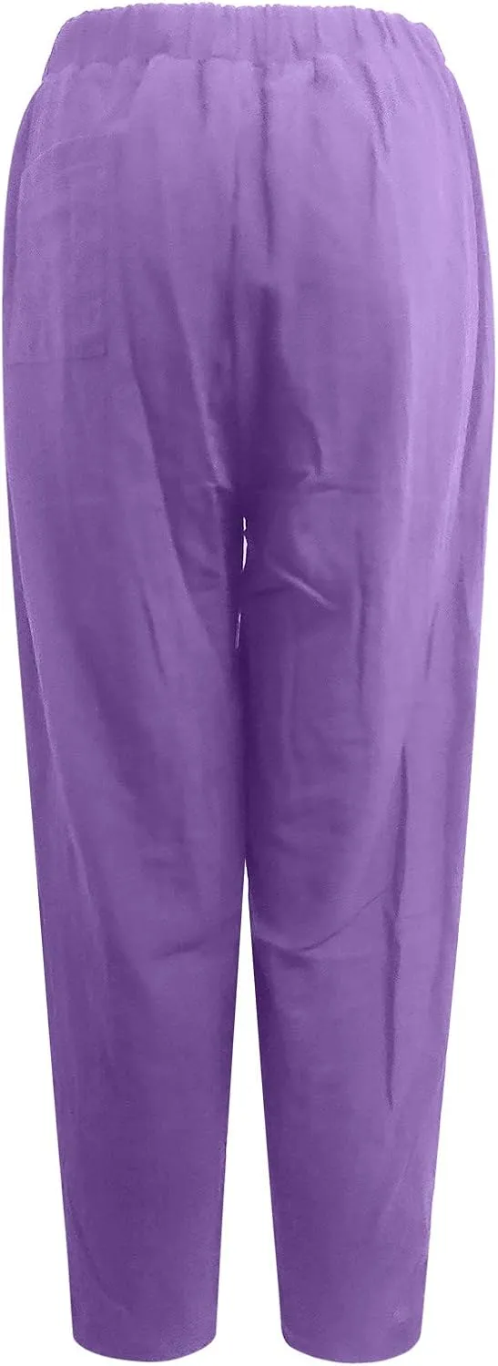 Cotton and Linen Baggy Pants for Women Dressy Casual Summer Casual Loose Comfy Solid Long Pant Trousers with Pockets