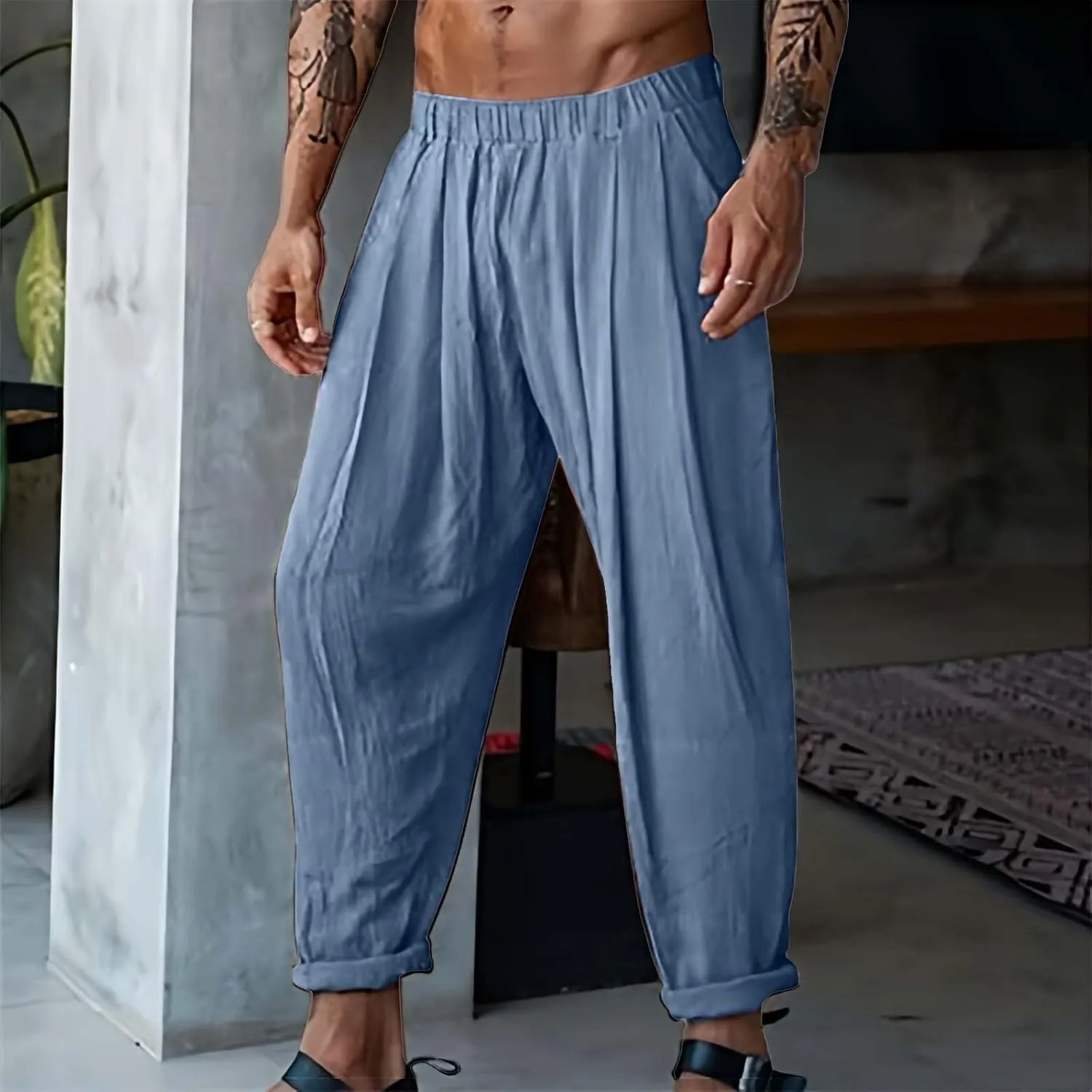 Cotton Linen Cargo Pants for Mens Elastic Waistband Lightweight Sweatpants with Pockets Summer Solid Regular Fit Activewears