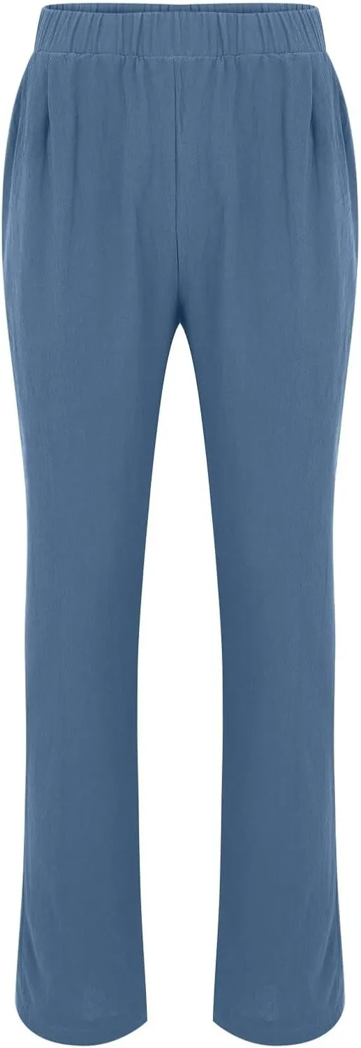 Cotton Linen Cargo Pants for Mens Elastic Waistband Lightweight Sweatpants with Pockets Summer Solid Regular Fit Activewears
