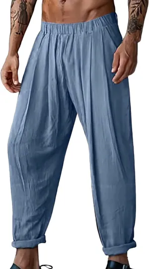 Cotton Linen Cargo Pants for Mens Elastic Waistband Lightweight Sweatpants with Pockets Summer Solid Regular Fit Activewears