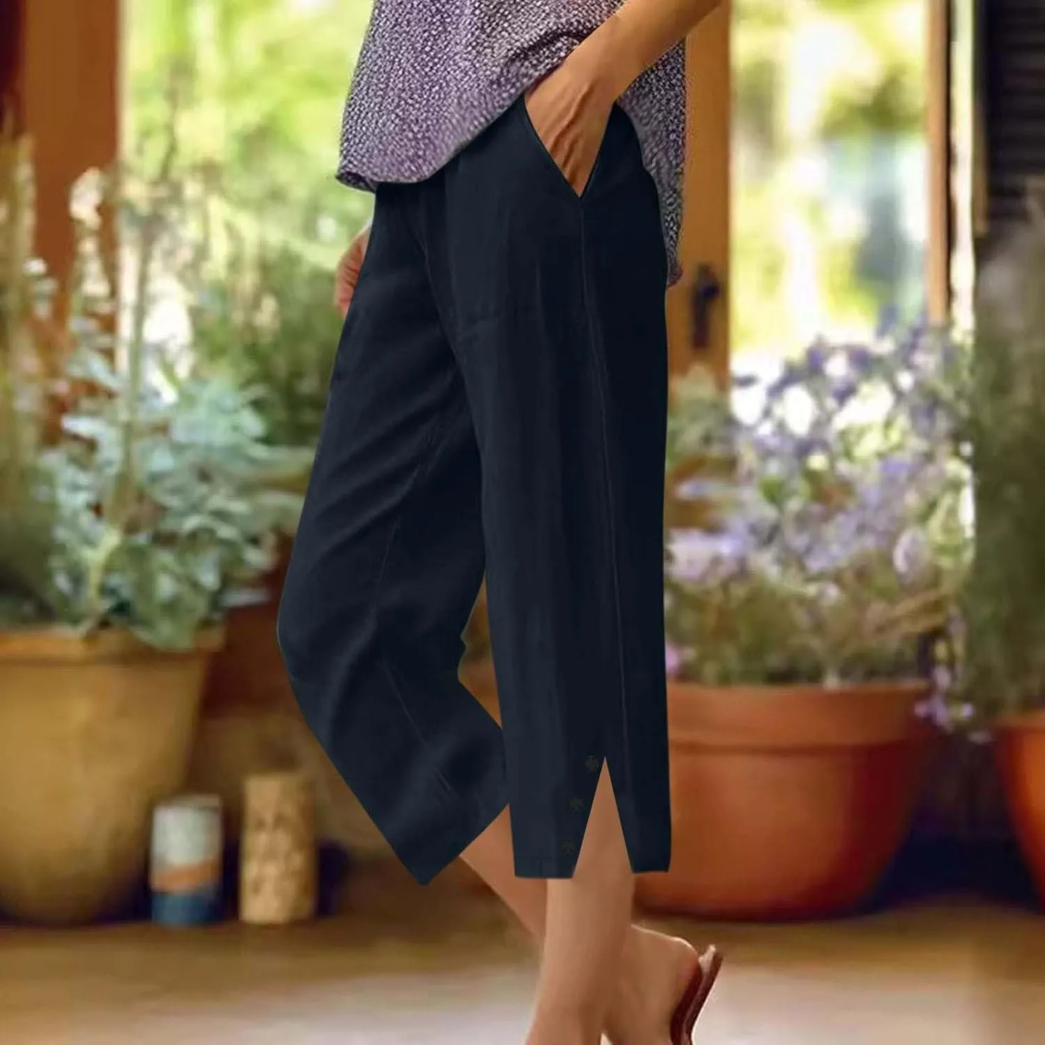 Cotton Linen Cropped Pants for Women 2025 Summer Casual Elastic Waisted Straight Leg Drawstring Trouser with Pockets