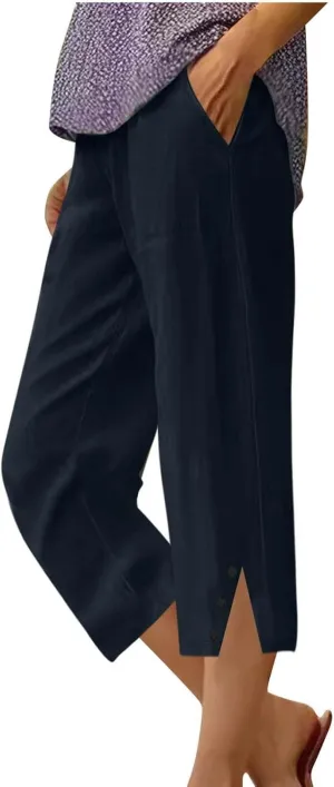 Cotton Linen Cropped Pants for Women 2025 Summer Casual Elastic Waisted Straight Leg Drawstring Trouser with Pockets
