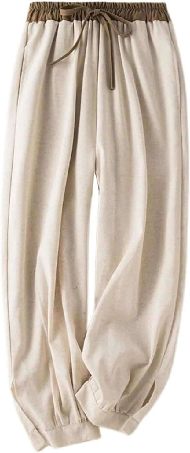 Cotton Linen Pants Women Summer Casual Cinch Bottom Trousers with Pocket High Waist Classic Comfy Lightweight Pants