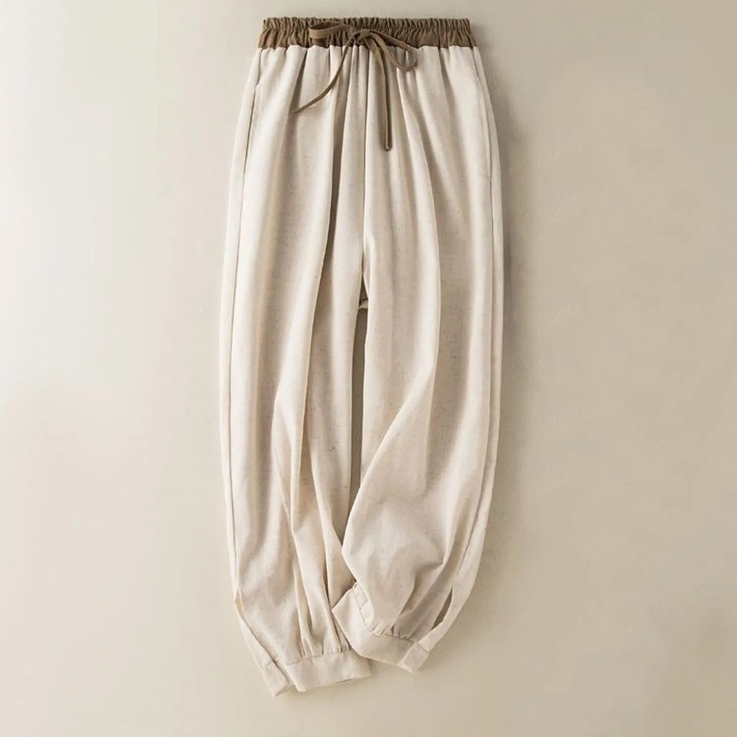 Cotton Linen Pants Women Summer Casual Cinch Bottom Trousers with Pocket High Waist Classic Comfy Lightweight Pants