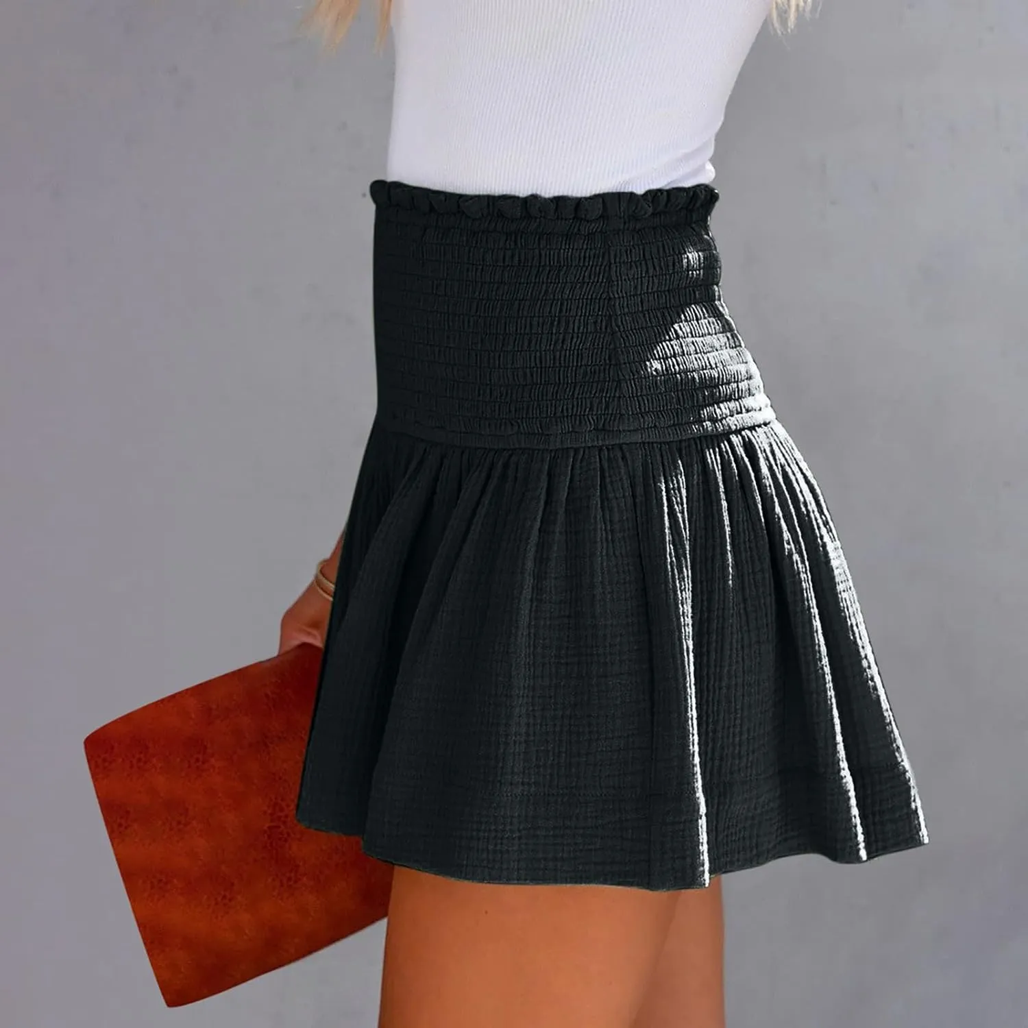 Cotton Linen Shorts for Women Trendy Smocked High Waisted Summer Shorts Casual Ruffle Wide Leg Lounge Short
