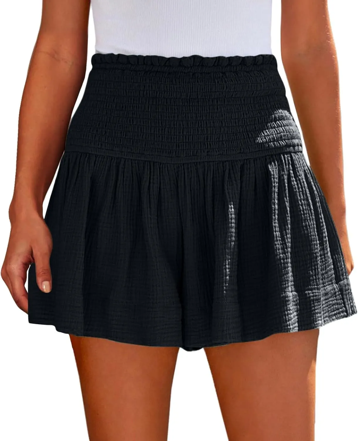 Cotton Linen Shorts for Women Trendy Smocked High Waisted Summer Shorts Casual Ruffle Wide Leg Lounge Short