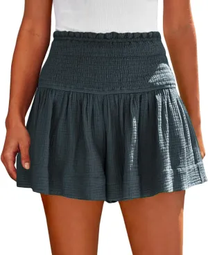 Cotton Linen Shorts for Women Trendy Smocked High Waisted Summer Shorts Casual Ruffle Wide Leg Lounge Short