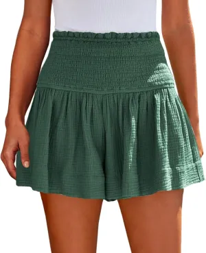 Cotton Linen Shorts for Women Trendy Smocked High Waisted Summer Shorts Casual Ruffle Wide Leg Lounge Short